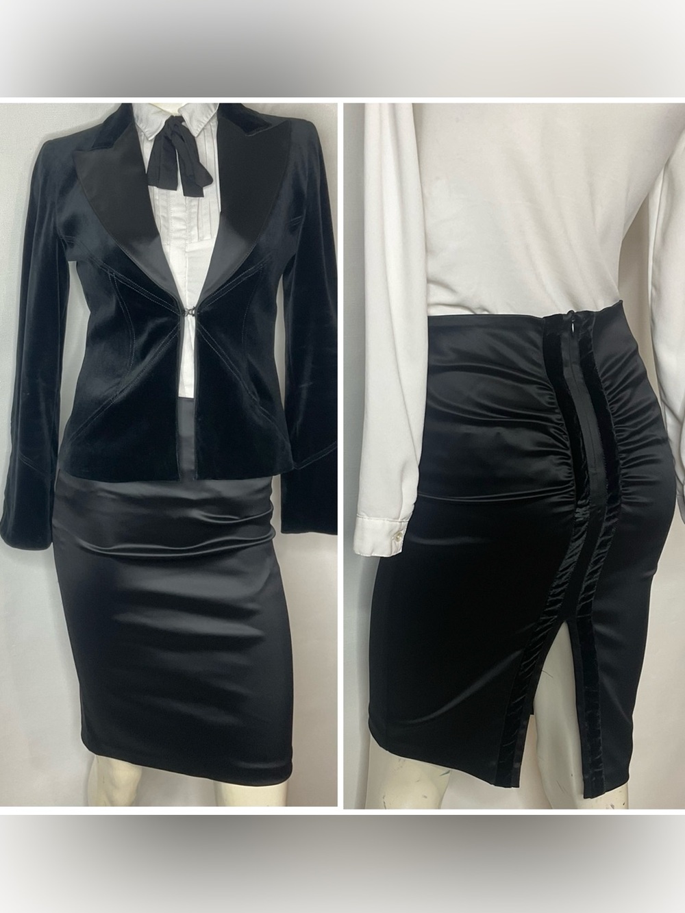 Vintage Y2K Bebe Black Velvet Tuxedo Blazer Structured Satin Pencil Skirt Suit